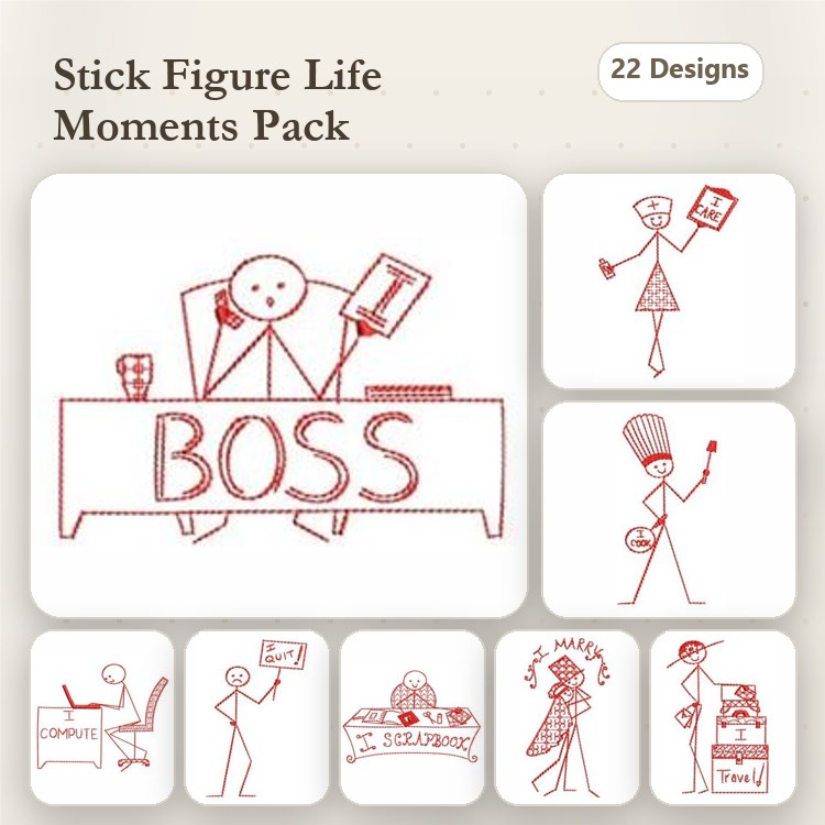 Redwork Stick Figure Life Moments Embroidery Designs Bundle – Boss, Chef, Office Worker & More (22 Designs)