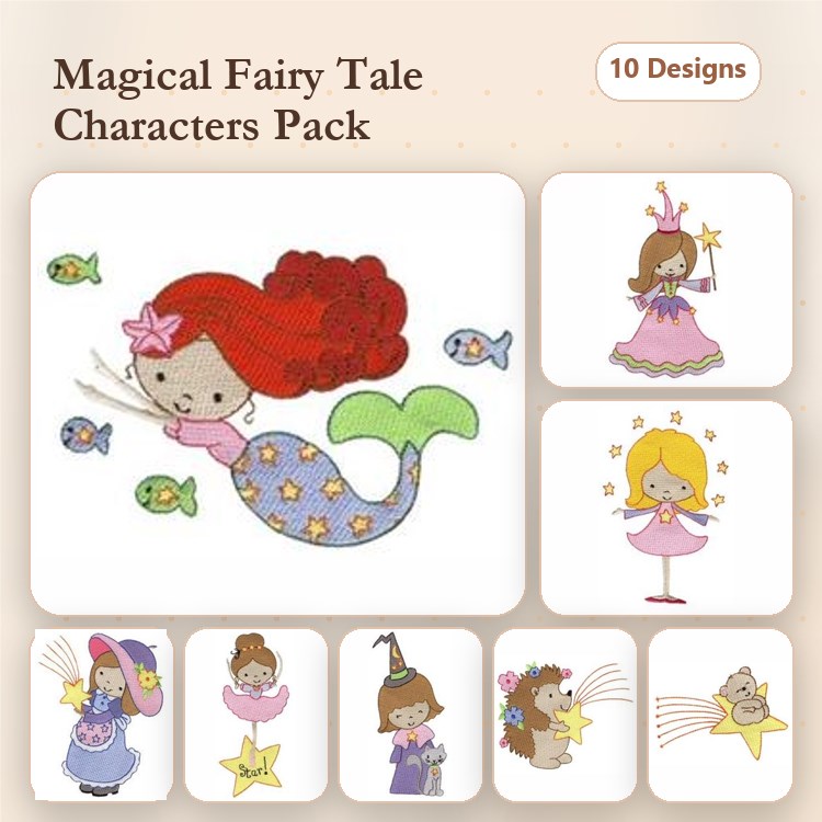 Fairy Tale Characters Embroidery Designs Bundle – Mermaid with Red Hair, Fairy Princess, Witch with Hat & More (10 Designs)