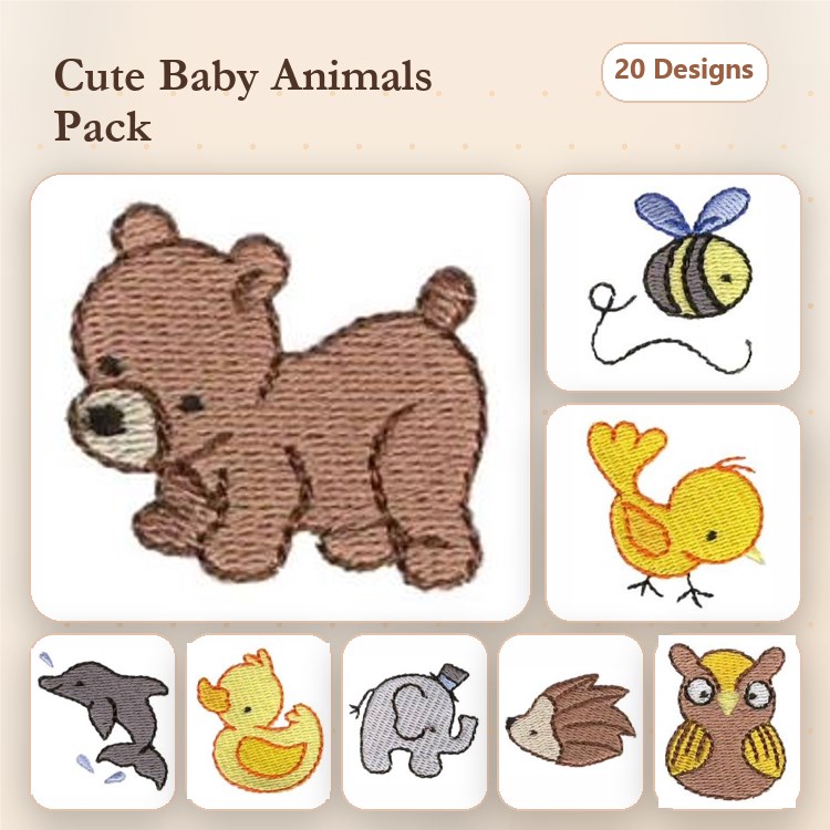 Cute Baby Animals Embroidery Designs Bundle – Bear Cub, Bee, Chick, Dolphin & More (20 Designs)