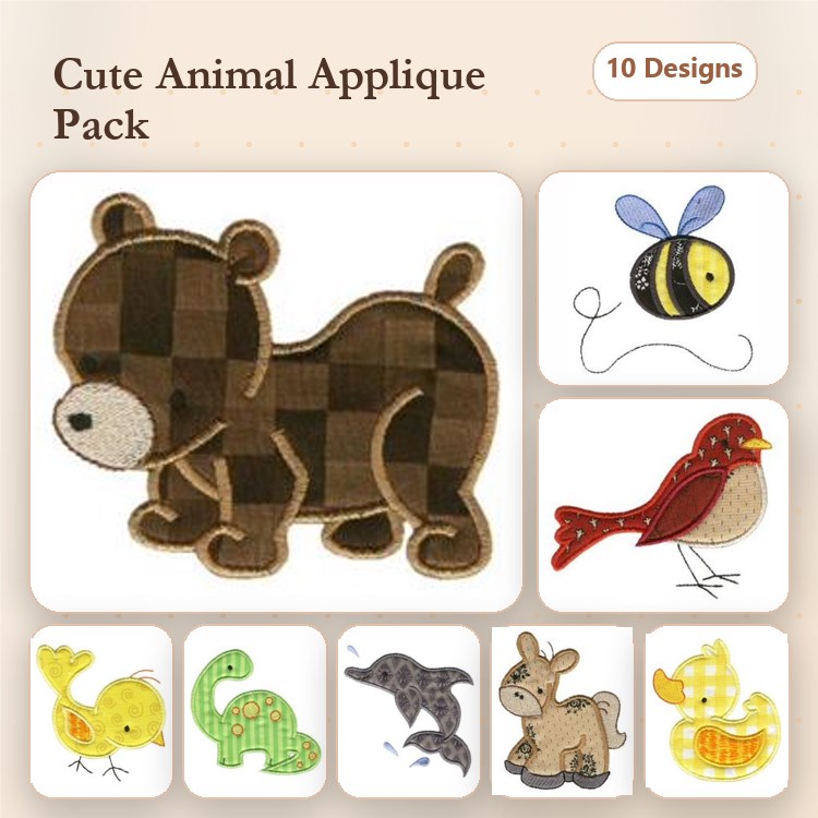 Applique Cute Animal Embroidery Bundle – Bear, Bee, Cardinal, Chick & More (10 Designs)