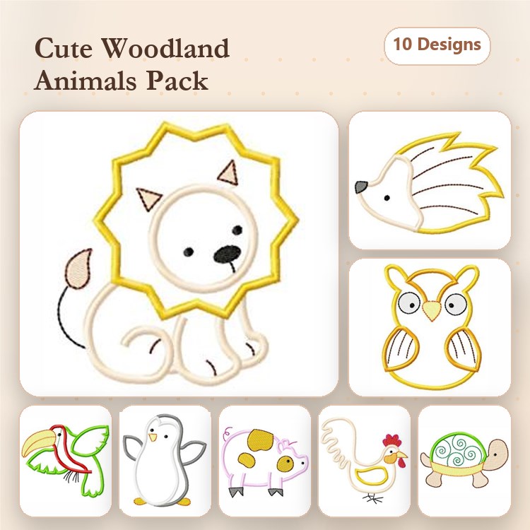 Applique Woodland Animals Embroidery Bundle – Lion with Mane, Hedgehog, Owl & More (10 Designs)