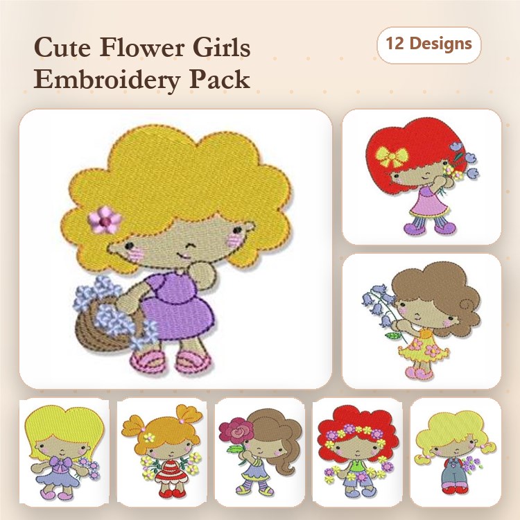 Cute Flower Girls Embroidery Designs Bundle – Flower Girl with Basket, Flower Girl in Pink Dress, & More (12 Designs)