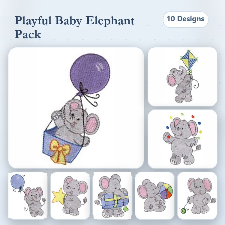 Baby Elephant Embroidery Designs Bundle – Elephant with Balloon, Elephant with Kite, Elephant with Gift & More (10 Designs)