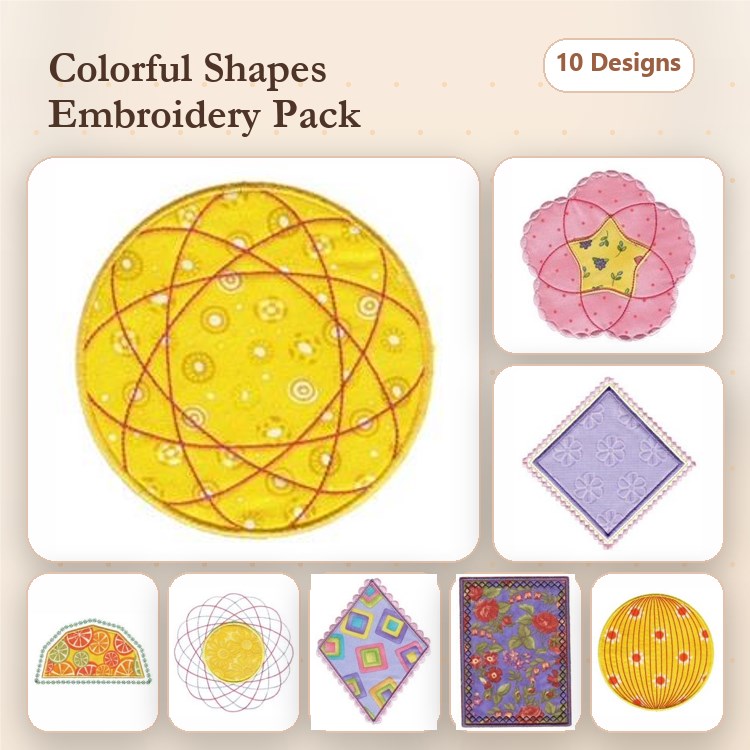 Applique Colorful Geometric Shapes Embroidery Bundle – Yellow Circle, Pink Flower, Purple Diamond & More (10 Designs)