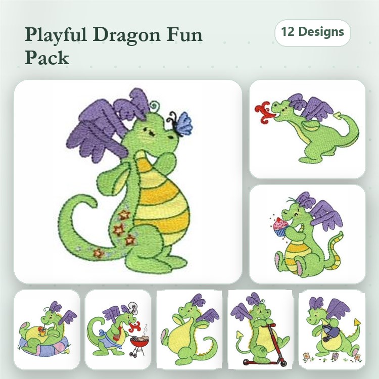 Playful Dragons Embroidery Designs Bundle – Dragon with Butterfly, Dragon with Flower, Dragon with Heart & More (12 Designs)