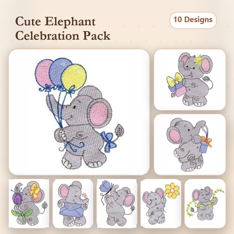Cute Elephants Embroidery Bundle – Elephant with Balloons, Gift, Party Hat & More (10 Designs)