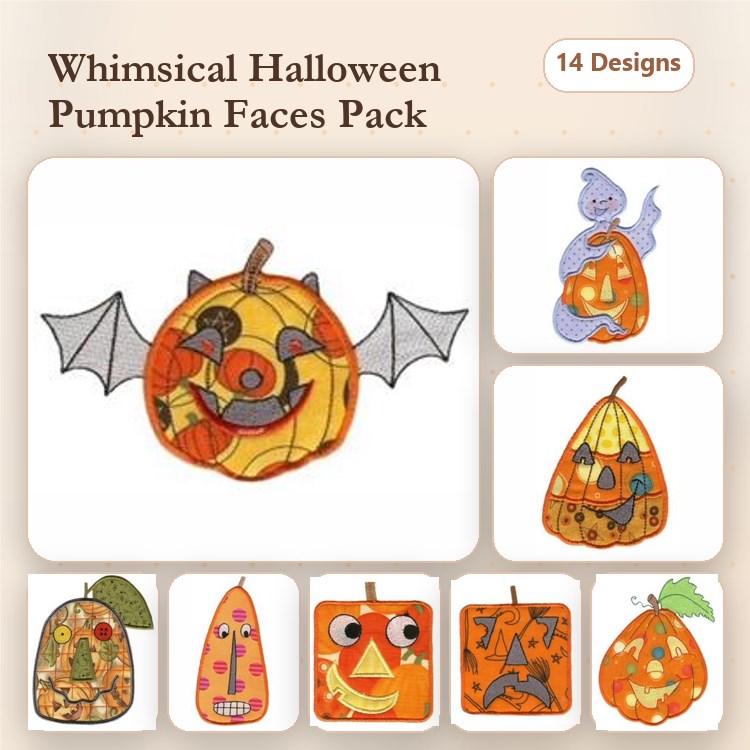 Applique Whimsical Halloween Pumpkin Faces Embroidery Designs Bundle – Smiling Pumpkin with Bats, Ghost Pumpkin, Jack-O-Lantern & More (14 Designs)