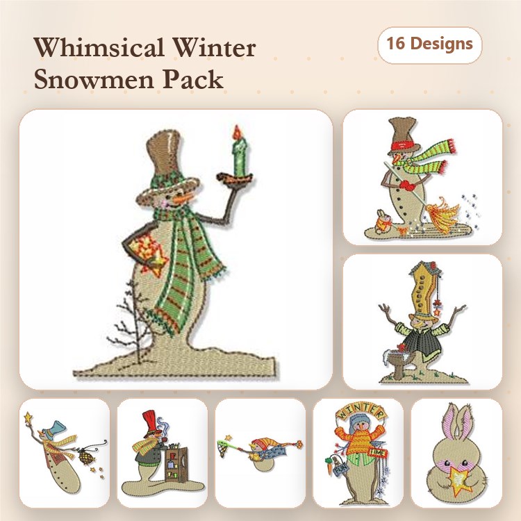 Whimsical Winter Snowmen Embroidery Designs Bundle – Snowman with Candle, Scarf, Gift Bag & More (16 Designs)