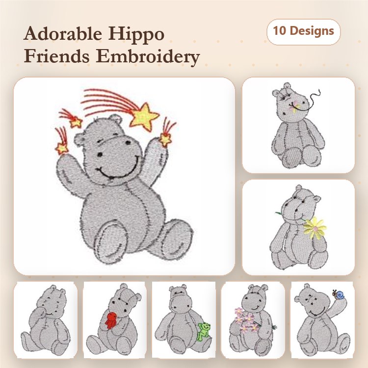 Adorable Hippos Embroidery Bundle – Hippo with Stars, Balloon, Cake & More (10 Designs)