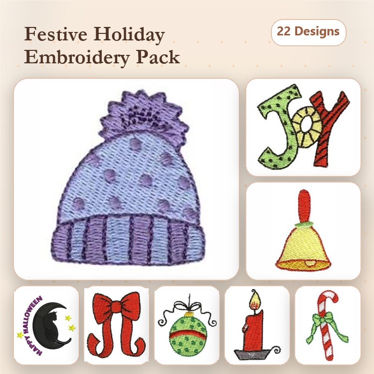 Festive Holiday Themes Embroidery Designs Bundle – Winter Hat, Joy, Bell, Moon & More (22 Designs)