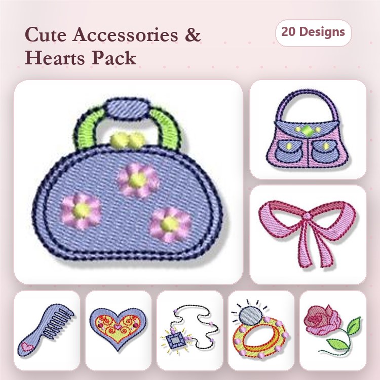 Accessories & Heart Embroidery Designs Bundle – Purse with Flowers, Hair Comb, Love Puzzle Piece & More (20 Designs)