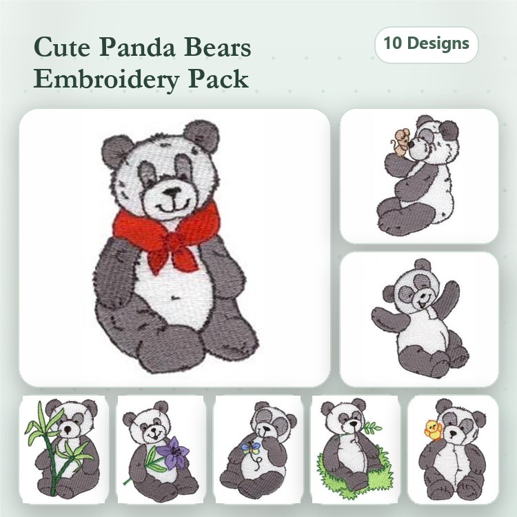 Cute Panda Bears Embroidery Bundle – Panda with Red Scarf, Panda Holding Flower, Panda Relaxing & More (10 Designs)