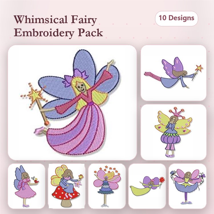 Fairies Embroidery Designs Bundle – Fairy with Wand, Dancing Fairy, Flower Fairy & More (10 Designs)