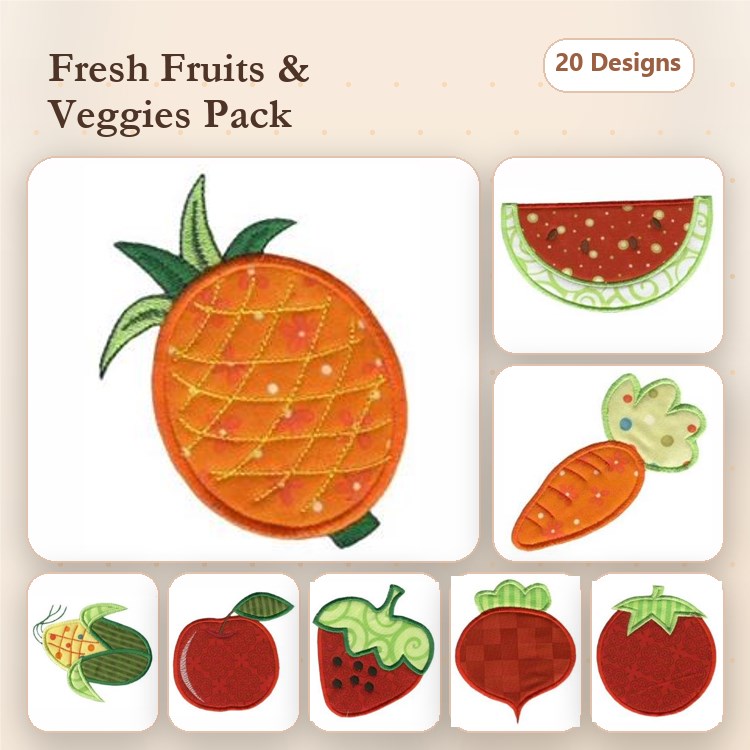 Applique Fruits and Vegetables Embroidery Bundle – Pineapple, Watermelon Slice, Carrot & More (20 Designs)