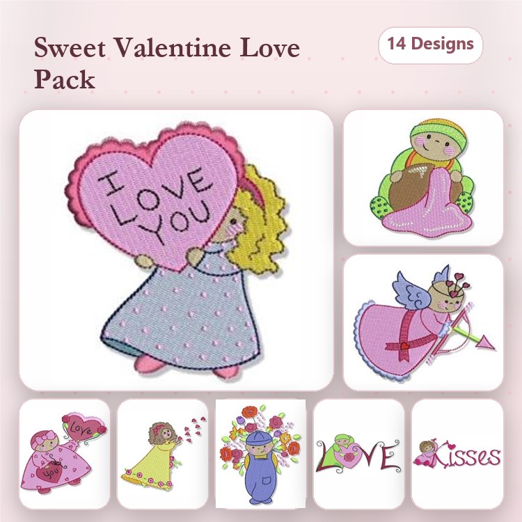 Valentine's Day Embroidery Designs Bundle – Girl with Heart, Angel with Bow, Doll with Bag & More (14 Designs)