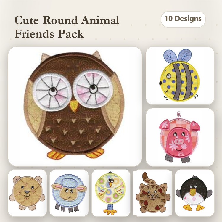 Applique Cute Round Animal Embroidery Bundle – Owl, Bee, Ladybug, Pig & More (10 Designs)