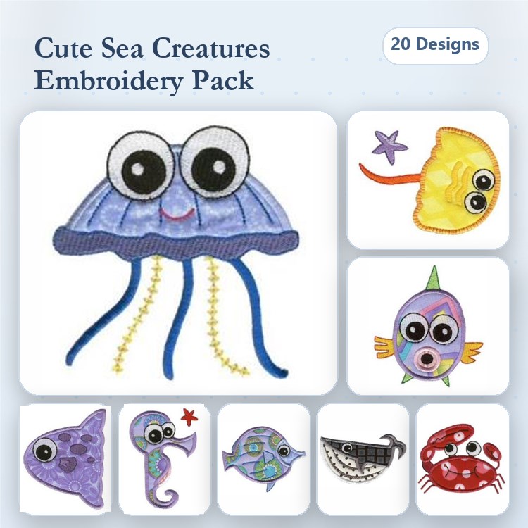 Applique Cute Sea Creatures Embroidery Bundle – Jellyfish, Starfish, Shark & More (20 Designs)