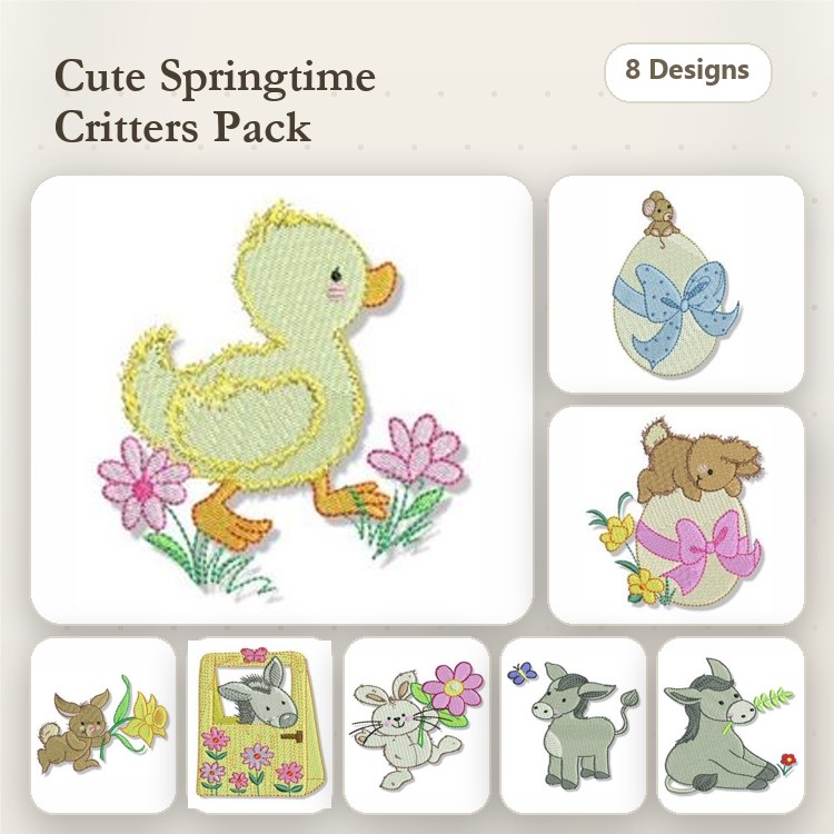Springtime Critters Embroidery Designs Bundle – Duckling, Bunny, Fox, Easter Egg & More (8 Designs)