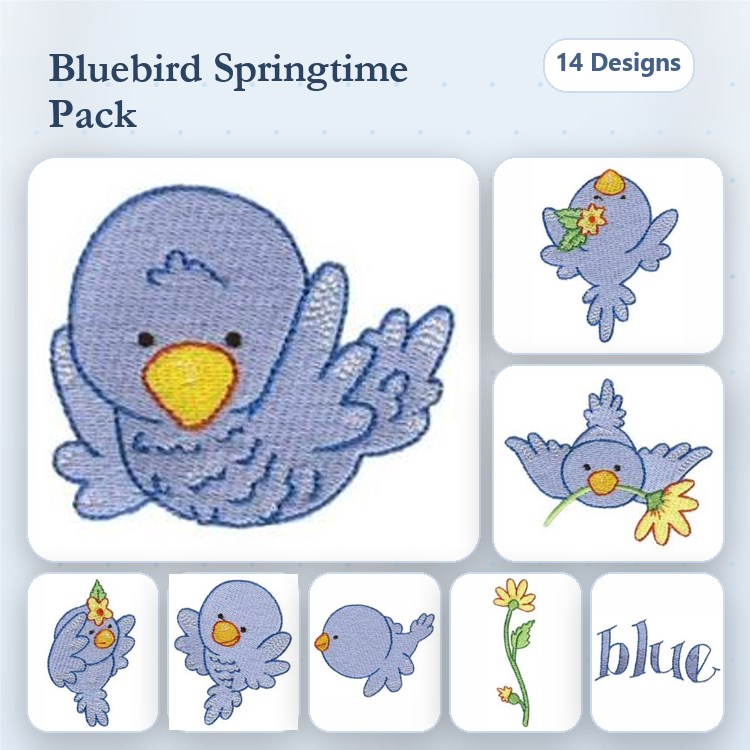 Bluebird Spring Embroidery Designs Bundle – Bluebird with Flower, Bluebird on Flower, & More (14 Designs)
