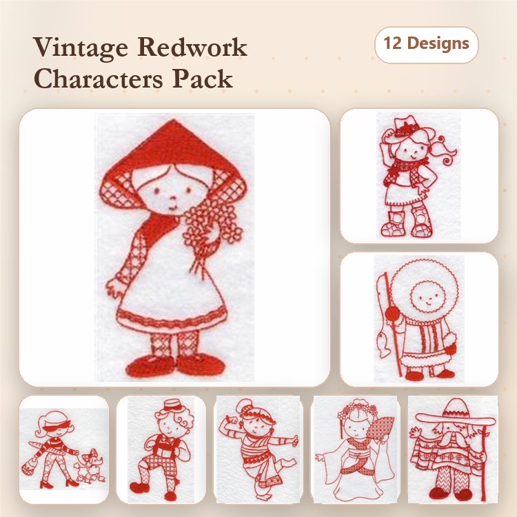 Redwork Vintage Character Embroidery Designs Bundle – Girl with Basket, Boy with Fishing Rod, Child in Winter Outfit & More (12 Designs)