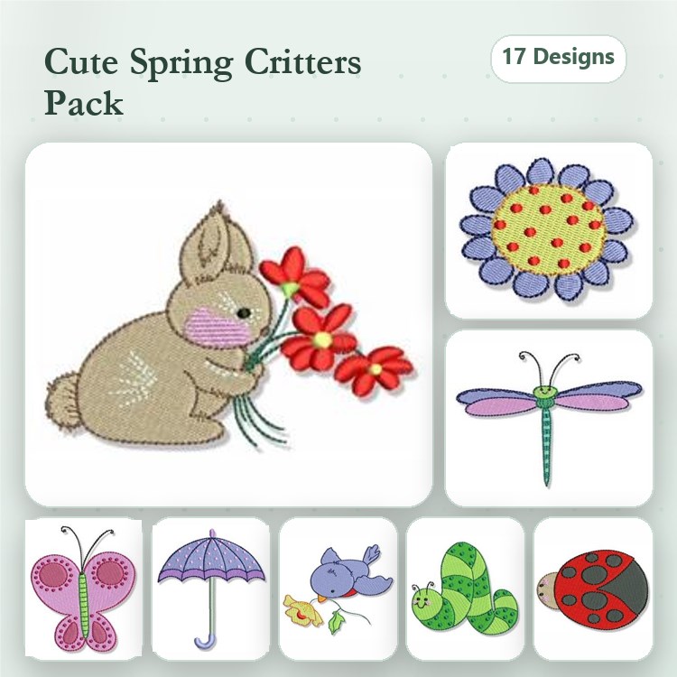 Spring-Themed Critters Embroidery Designs Bundle – Bunny with Flowers, Dragonfly, Butterfly & More (17 Designs)