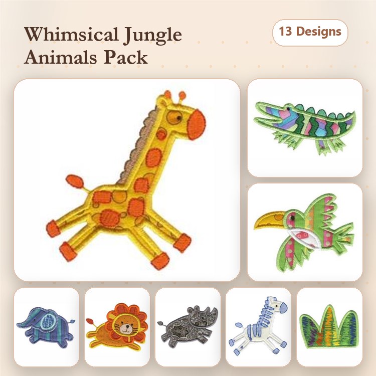 Applique Whimsical Jungle Animals Embroidery Bundle – Giraffe, Crocodile, Toucan & More (13 Designs)