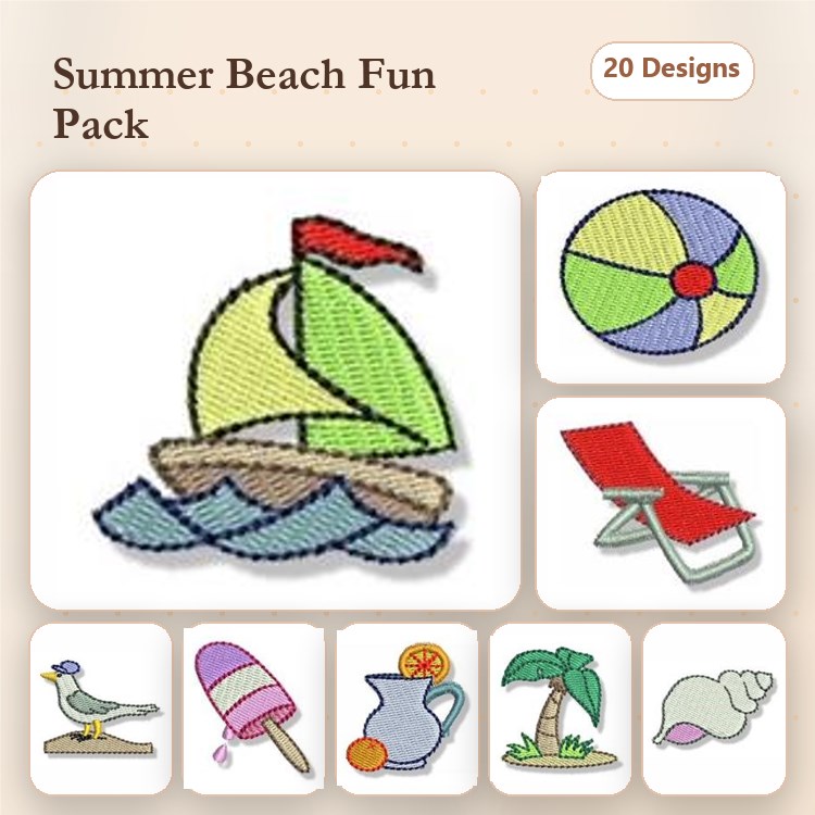 Beach Fun Embroidery Designs Bundle – Sailboat, Beach Ball, Lawn Chair & More (20 Designs)