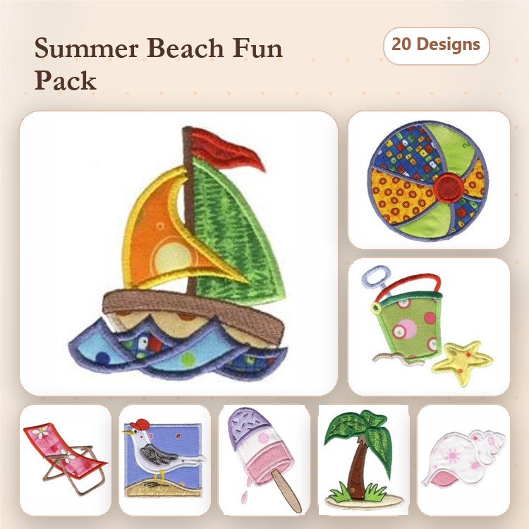 Applique Summer Beach Activities Embroidery Bundle – Sailboat, Beach Ball, Ice Cream Cone & More (20 Designs)