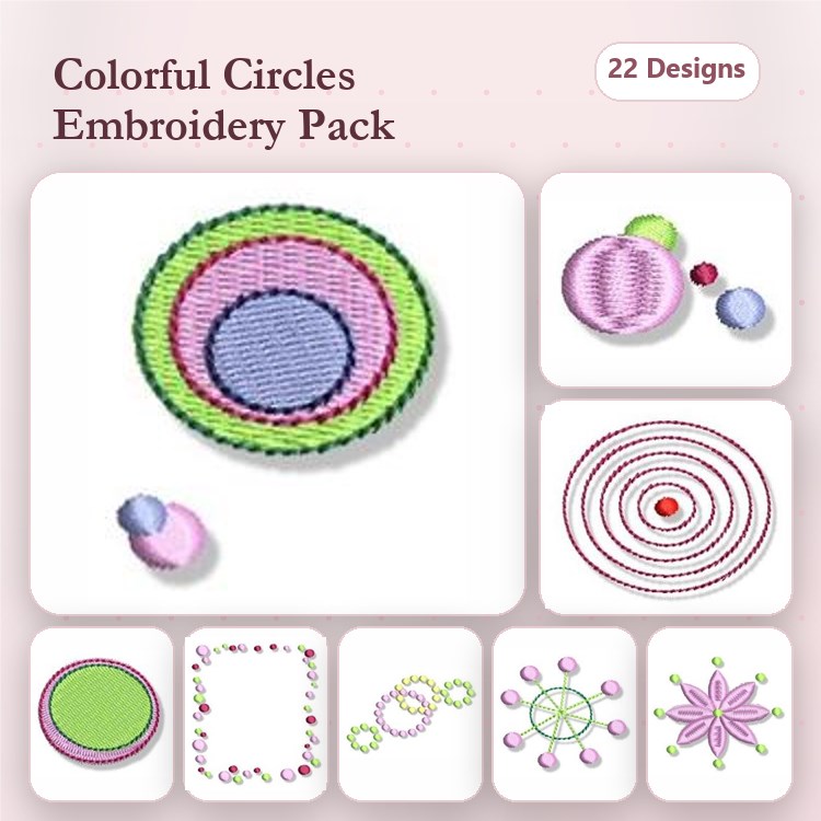 Colorful Circular Embroidery Designs Bundle – Green Circle, Pink Circle, Concentric Circles & More (22 Designs)