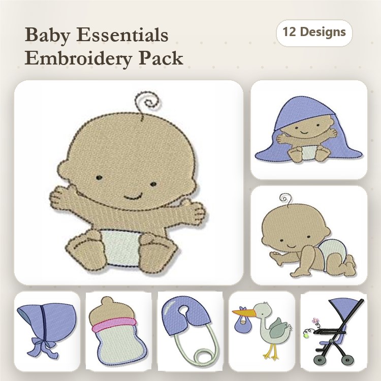 Baby Essentials Embroidery Designs Bundle – Happy Baby, Baby in Blanket, Baby Bottle & More (12 Designs)