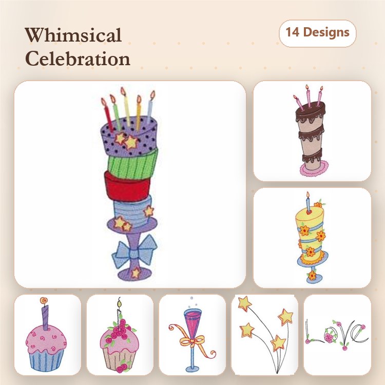 Celebration & Cakes Embroidery Designs Bundle – Stacked Birthday Cake, Cupcake with Candle, & More (14 Designs)