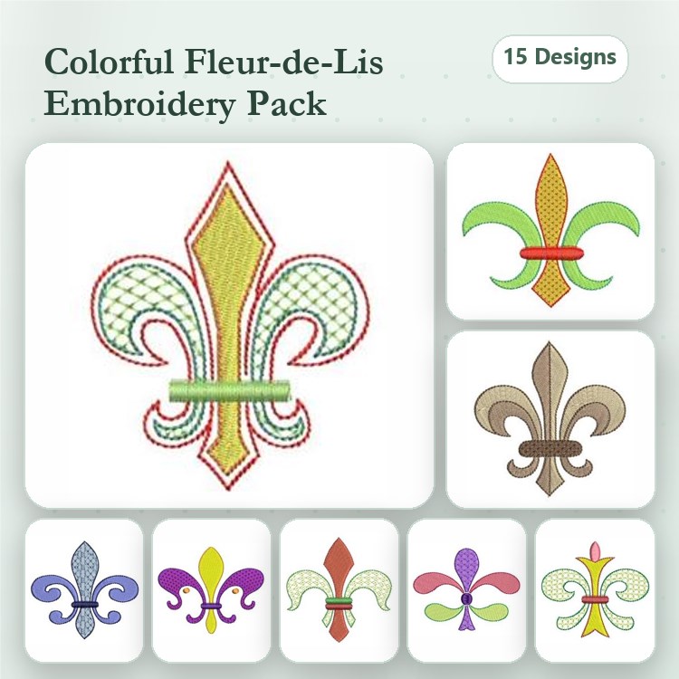 Colorful Fleur-de-Lis Embroidery Designs Bundle – Green, Red, Yellow, Purple & More (15 Designs)