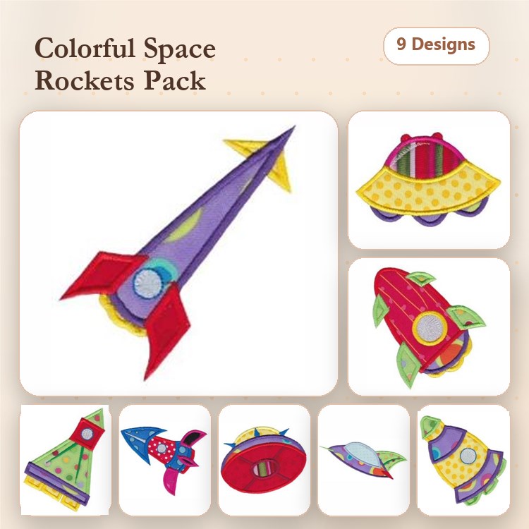 Applique Colorful Space Rockets Embroidery Designs Bundle – Rocket Ship with Red and Blue Design, Yellow UFO with Polka Dots & More (9 Designs)