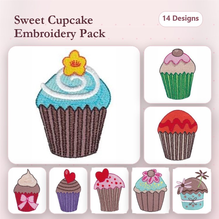 Cupcake Embroidery Designs Bundle – Blue Frosted, Pink Sprinkled, Cherry Topped & More (14 Designs)