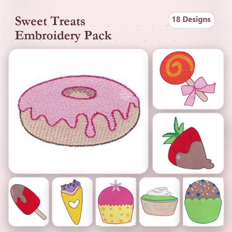Sweet Treats Embroidery Designs Bundle – Donut with Sprinkles, Lollipop, Strawberry with Chocolate & More (18 Designs)