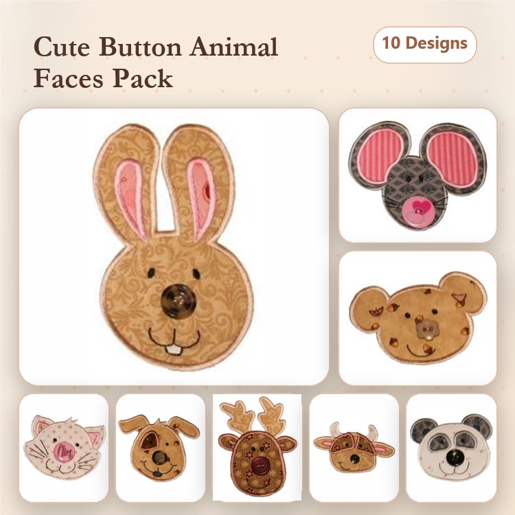 Animal Faces Embroidery Bundle – Bunny, Mouse, Bear, Cat & More (10 Designs)