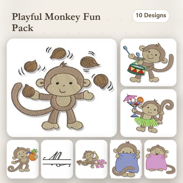 Playful Monkeys Embroidery Designs Bundle – Juggling Monkey, Monkey with Drum, Monkey with Hula Skirt & More (10 Designs)