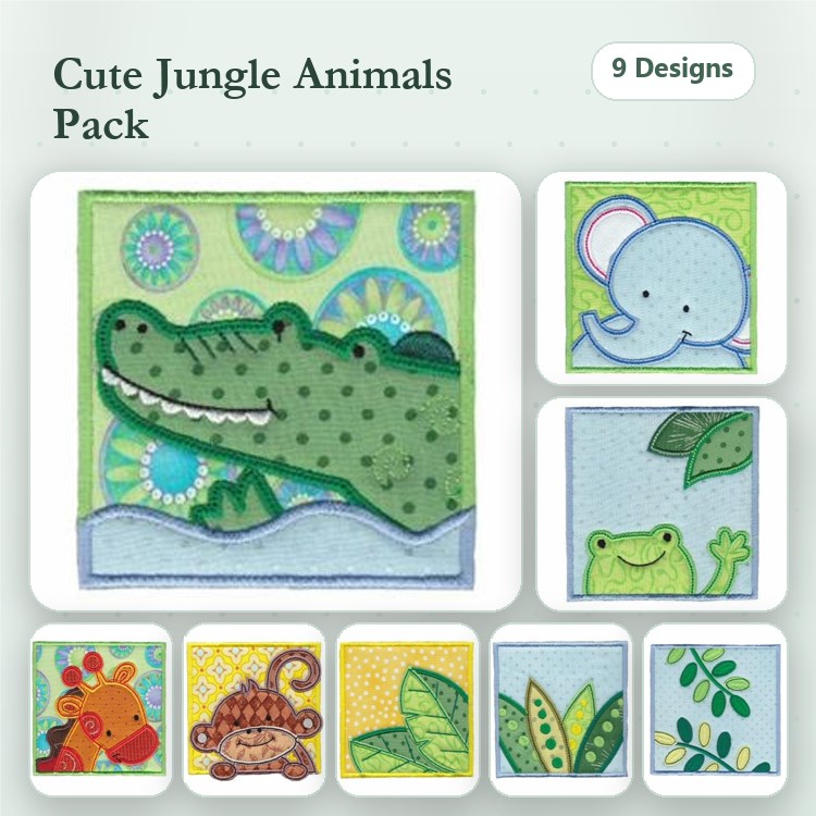 Applique Cute Jungle Animals Embroidery Bundle – Crocodile, Elephant, Frog & More (9 Designs)