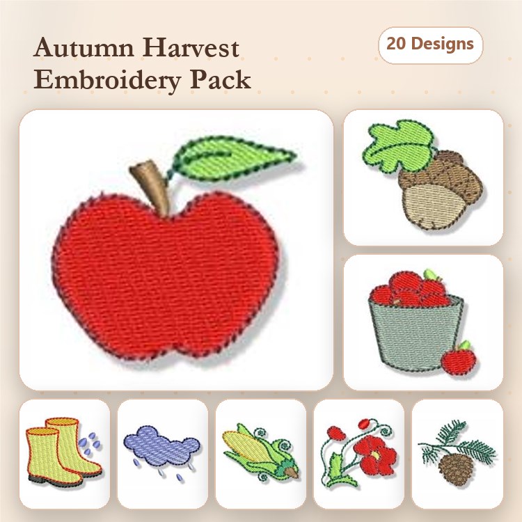 Autumn Harvest Fruits & Vegetables Embroidery Designs Bundle – Red Apple, Acorn, Bucket of Apples & More (20 Designs)