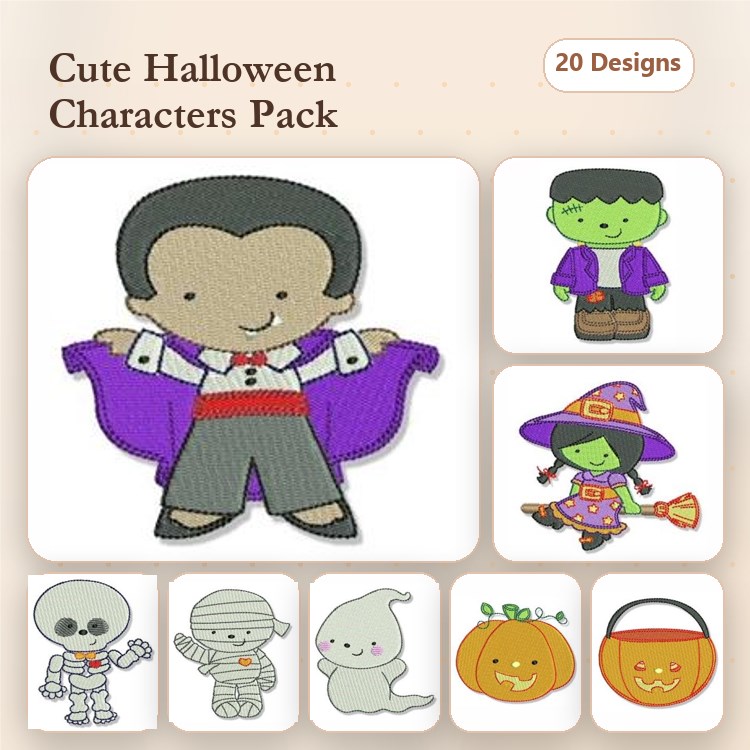 Halloween Characters Embroidery Designs Bundle – Vampire Kid, Frankenstein Kid, Witch with Broom & More (20 Designs)