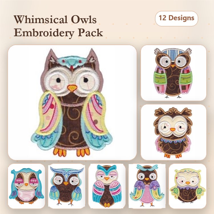 Applique Colorful Owl Embroidery Bundle – Owl with Glasses, Green and Brown Owl, Cute Owl with Bowtie & More (12 Designs)