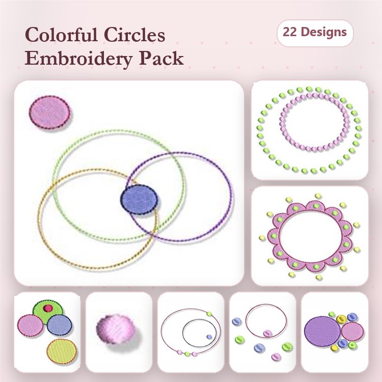 Colorful Circles Embroidery Designs Bundle – Large Pink Circle, Flowered Circle Border, Wavy Circle & More (22 Designs)