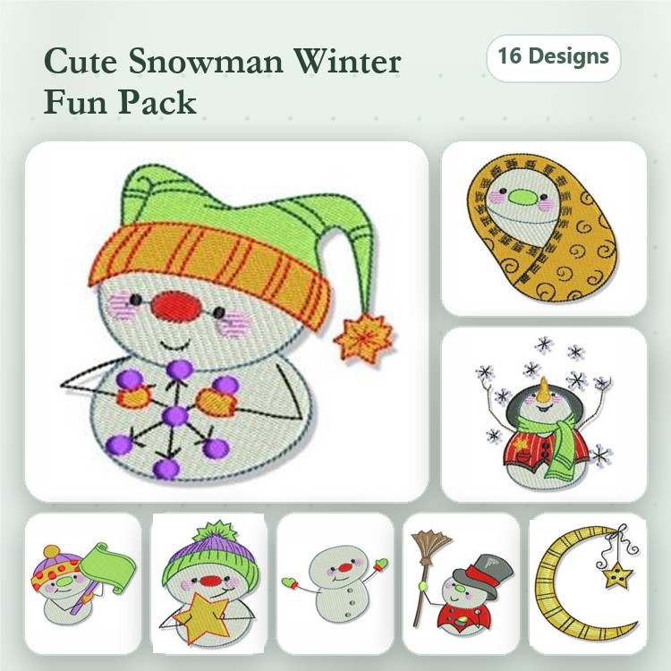 Snowman Embroidery Designs Bundle – Snowman with Ornament, Happy Snowman, Snowman with Gifts & More (16 Designs)