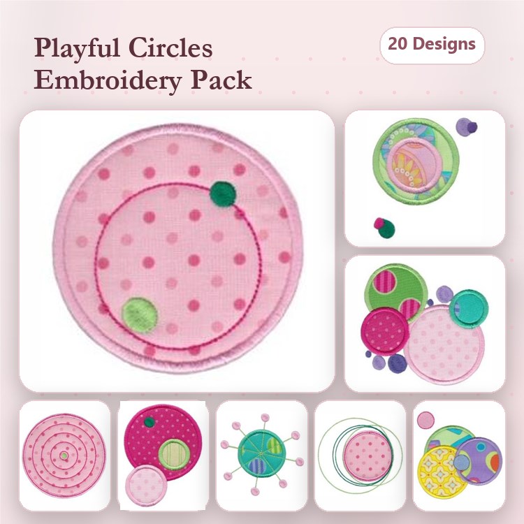 Applique Polka Dot Circle Embroidery Bundle – Green & Pink Dots, Multi-Colored Circle & More (20 Designs)