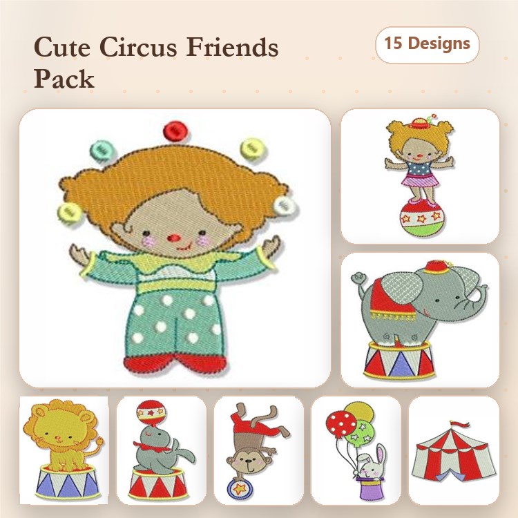 Circus Characters Embroidery Designs Bundle – Clown on Ball, Circus Elephant, Lion on Drum & More (15 Designs)