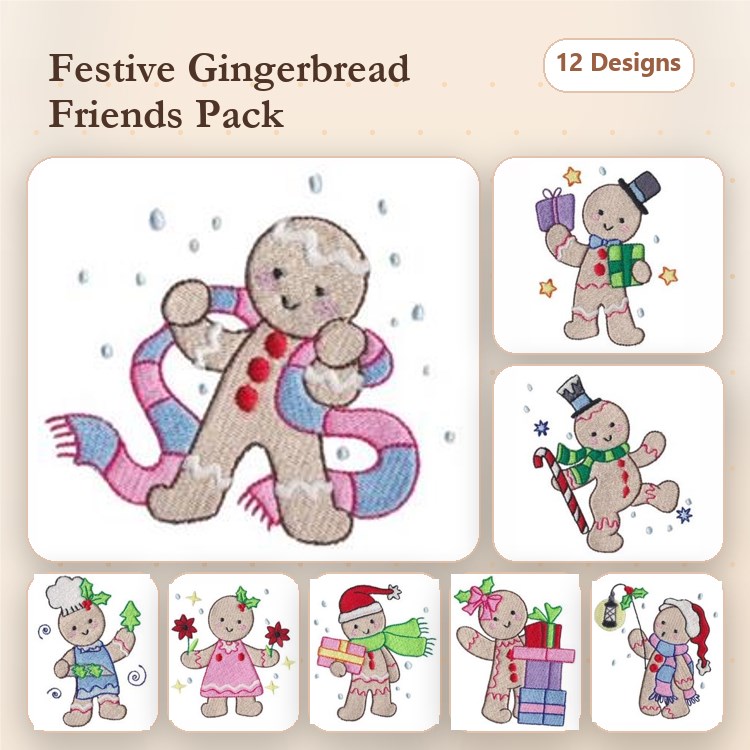 Gingerbread Characters Embroidery Designs Bundle – Gingerbread Boy with Scarf, Gingerbread Girl with Hat, & More (12 Designs)