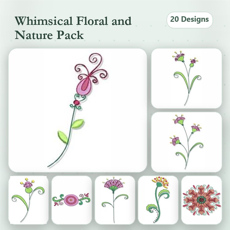 Floral Embroidery Designs Bundle – Whimsical Floral Stem, Colorful Flower & More (20 Designs)
