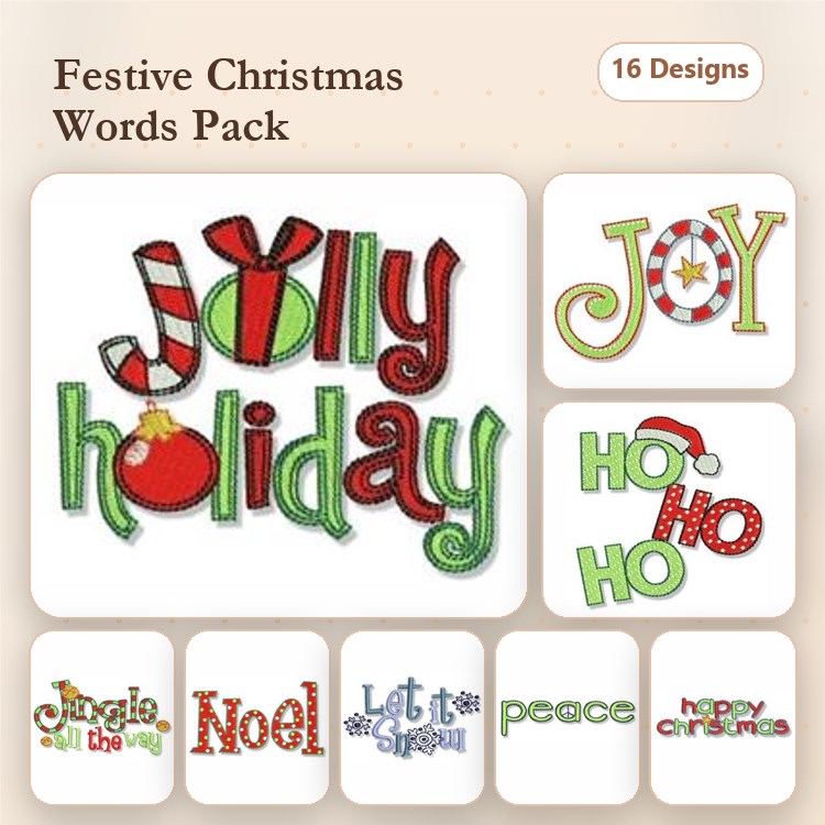Christmas Words Embroidery Designs Bundle – Jolly Holiday, Joy, Ho Ho Ho & More (16 Designs)