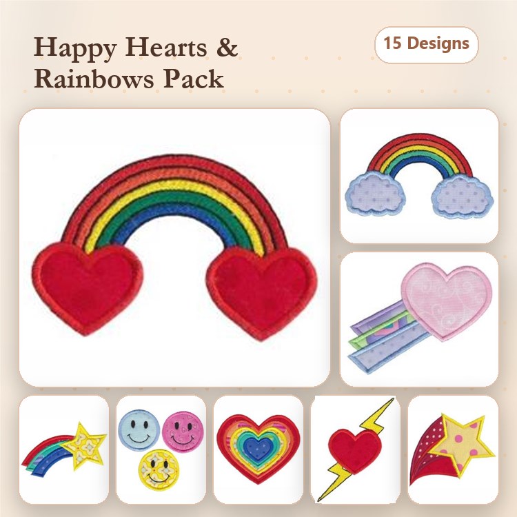 Applique Hearts & Rainbows Embroidery Bundle – Rainbow with Hearts, Heart with Flowers, Happy Face Emoji & More (15 Designs)
