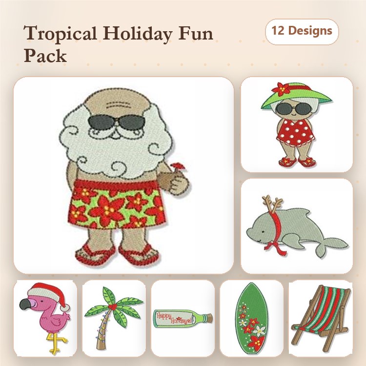 Tropical Holiday Embroidery Designs Bundle – Santa in Hawaiian Shirt, Christmas Dolphin, Flamingo with Santa Hat & More (12 Designs)